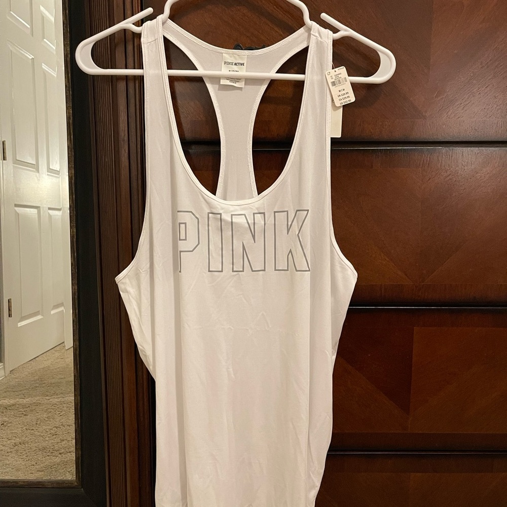 PINK Victoria’s Secret Med Racerback Tank White w/Grey Reflective Lettering NWT